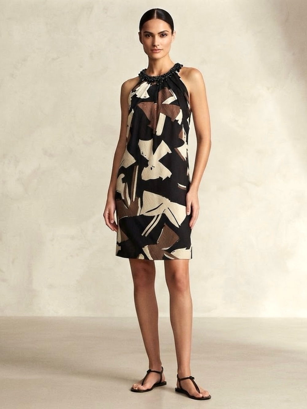 Halter Trapeze A-Line Swing Shift Dress with Beaded Neckline - Sz 8